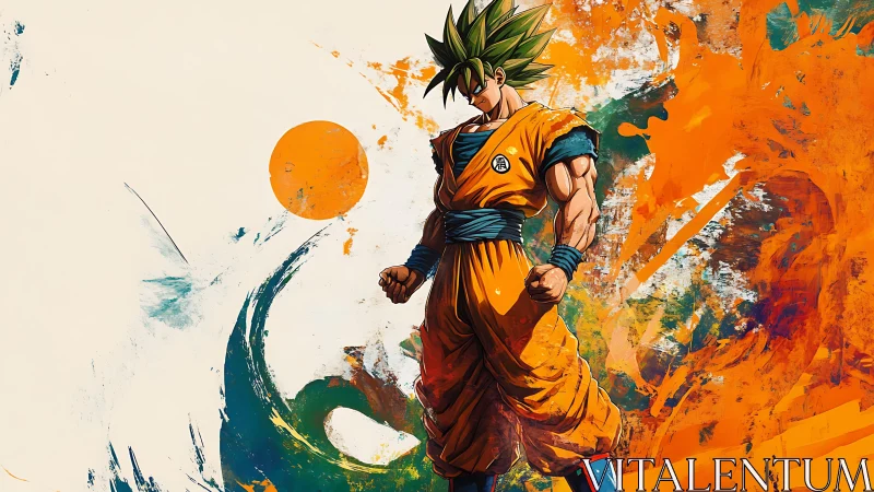 Heroic anime warrior stands tall in swirling fiery color