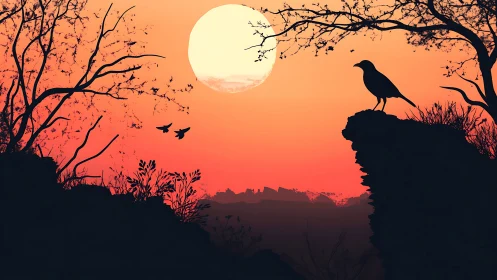 Sunlit crow silhouette over crimson dusk canyonscape.