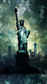 Statue of Liberty nocturne rendered in moody digital painting
