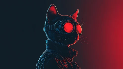 Cyberpunk black cat in goggles against red neon glow.
