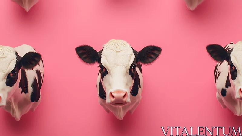 Holstein calf heads aligned on uniform pink studio background.