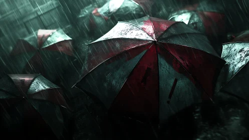 Red umbrellas in cinematic rain with dramatic highlights.