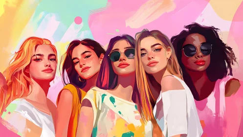 Vibrant group portrait of young women in modern digital art style.
