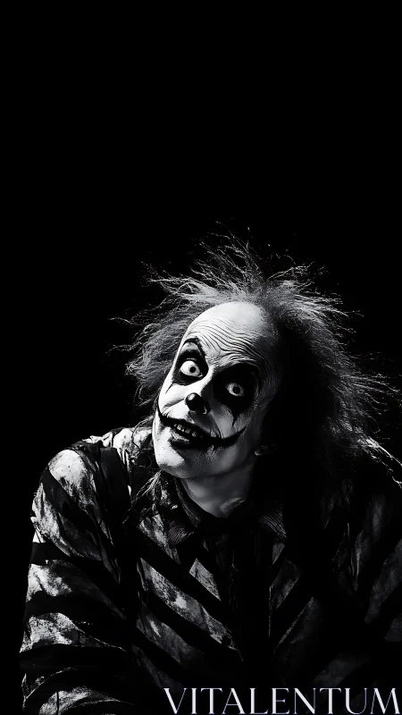 Creepy black and white clown portrait in dark background.
