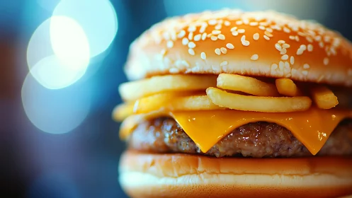 Layered cheeseburger with fries under selective focus lighting.