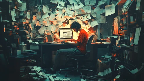 Man at computer in cluttered office with scattered paperwork.