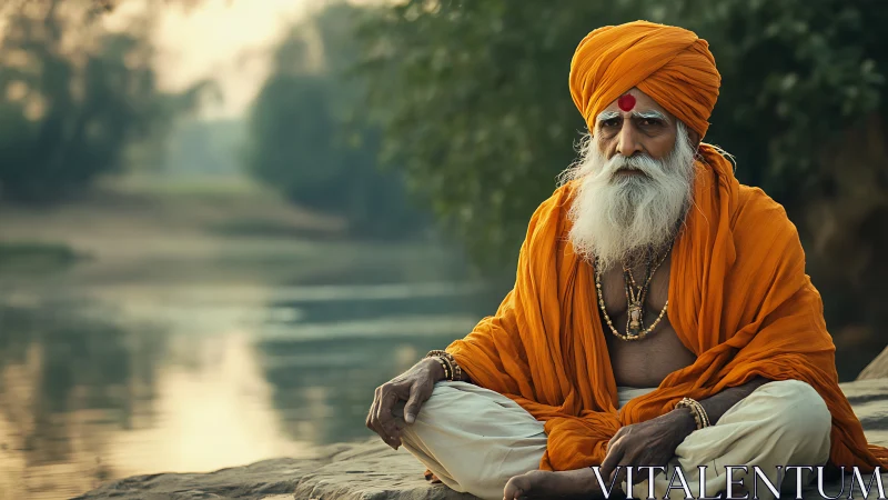 Elderly ascetic in orange robes meditating by tranquil riverside