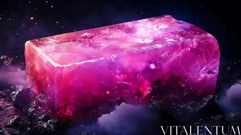 Radiant magenta crystal block glows in a cosmic misty void