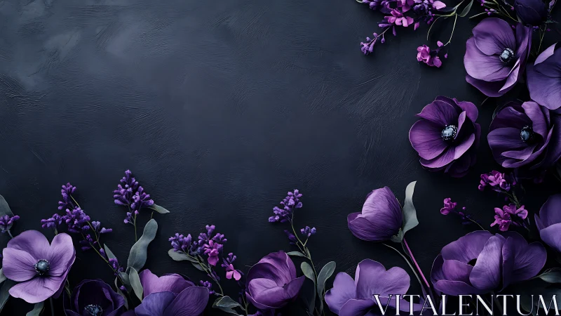 Purple Flowers Frame Dark Textured Background.