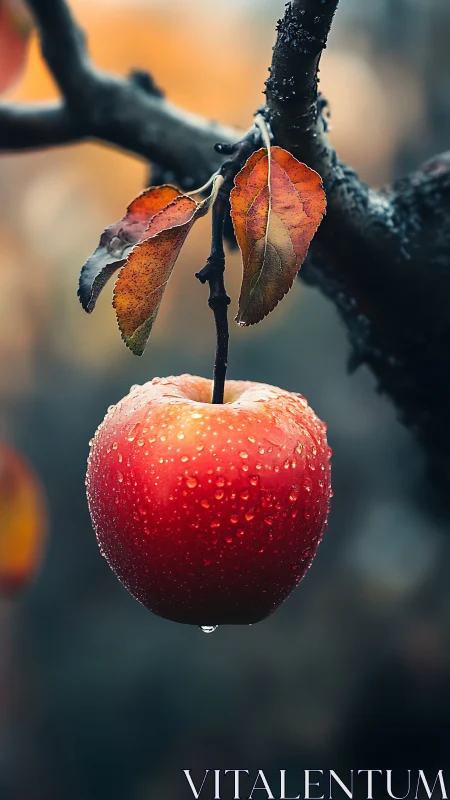 Red apple with water droplets on tree branch in autumn.