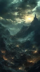 Doomed volcanic valley under stormlit, burning sky.