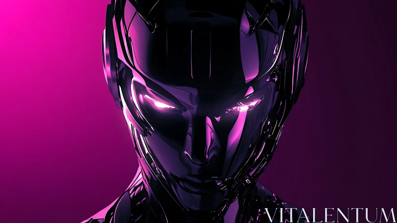 Front view metallic humanoid robot head in magenta light.