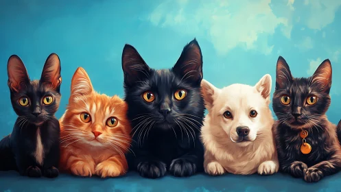 Digital Rendering of Five Companion Animals with Stylized Anatomical Features and Luminous Eyes Agai