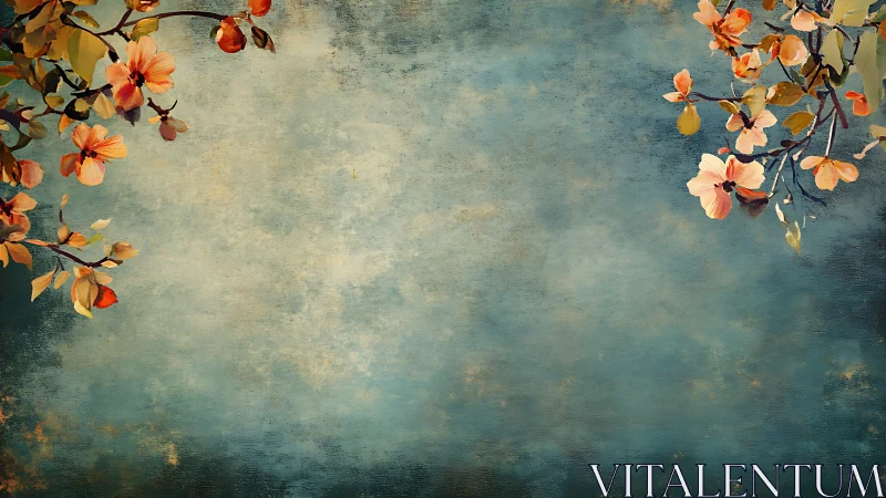 Soft vintage blossoms drift across a textured teal sky