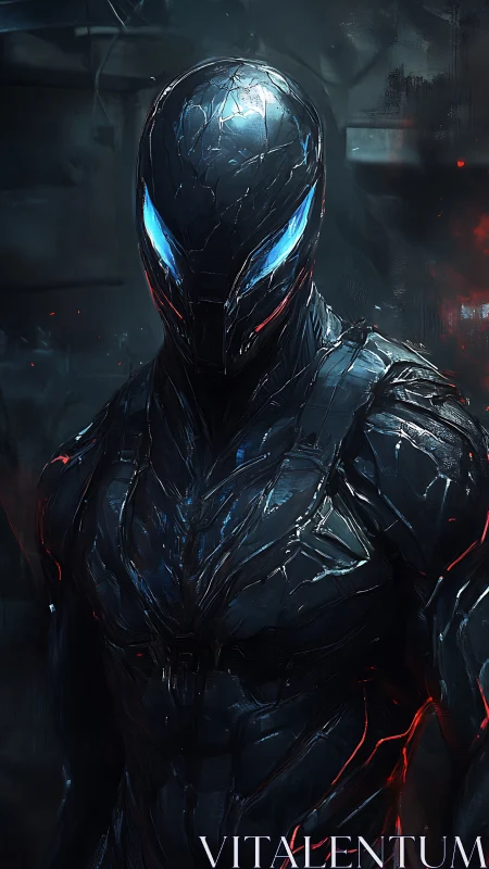 Midnight cyber guardian with glowing electric gaze.