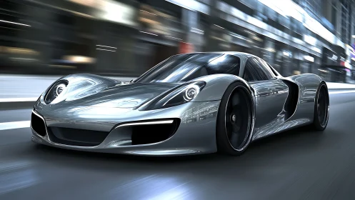 Futuristic silver hypercar racing through illuminated city streets.