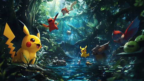 Pikachu in Mystical Forest Stream with Pokemon