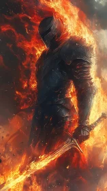 Inferno-clad knight stalks through storming curtains of fire
