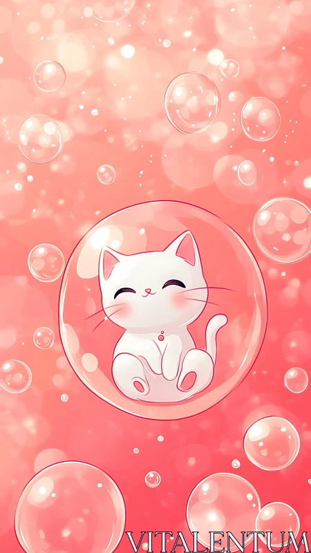 Cute White Cat in Bubble on Pink Background