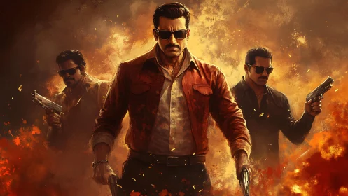 Triadic gunmen stride through incendiary, cinematic inferno