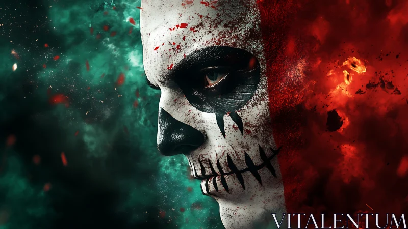 Skull-painted vigilante caught between flame and smoke.