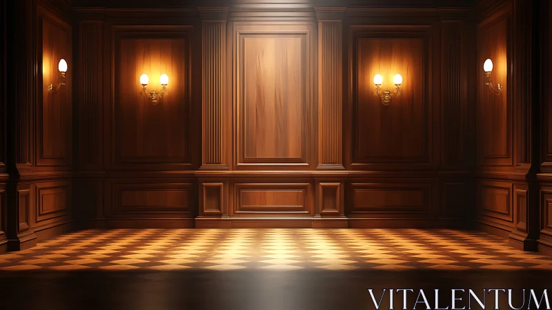 Elegant paneled wood hall glows under classic wall lights.