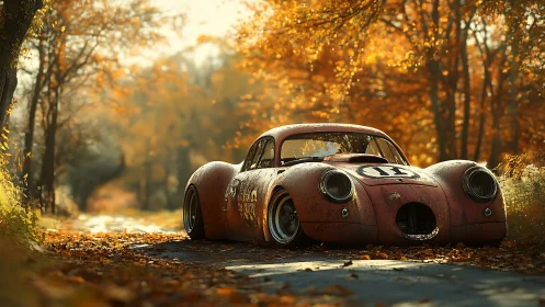 Rusty race car resting in a golden autumn forest lane.