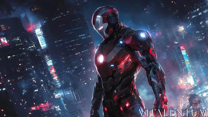 Armored cyber hero over neon city under storm-lit sky.