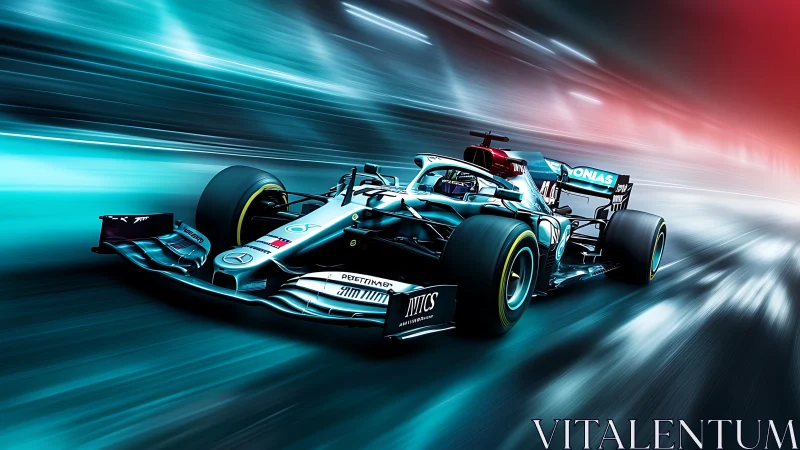 Futuristic Formula One car powers through neon tunnel at speed.