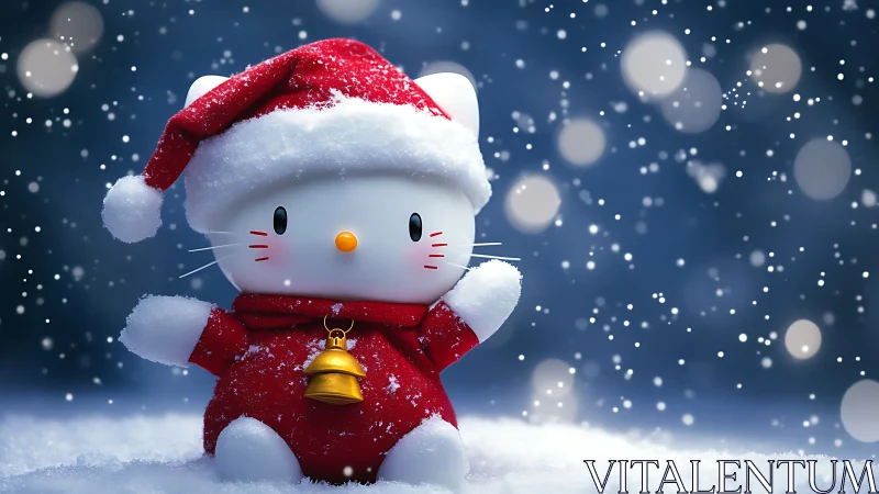 3D chibi holiday cat figurine in soft-focus snowfall ambiance.