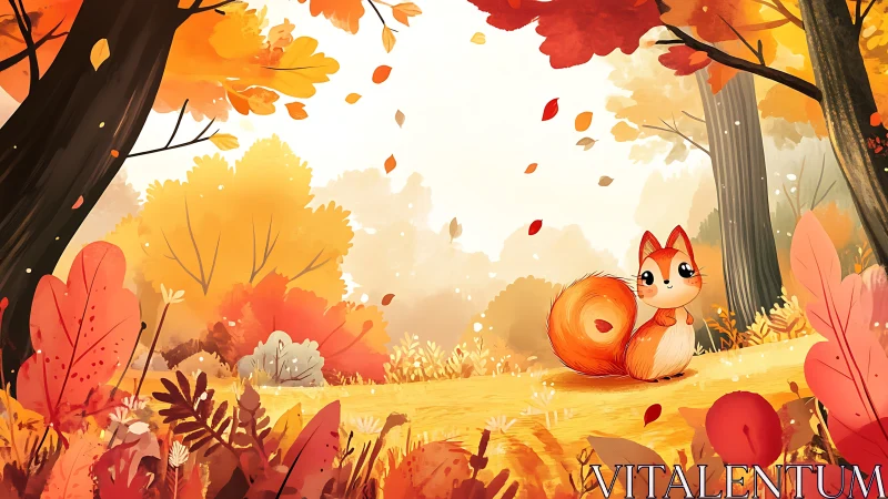 Cartoon squirrel in stylized autumn forest landscape.
