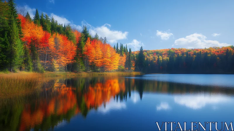 Golden autumn forest mirrored on a calm blue lake.