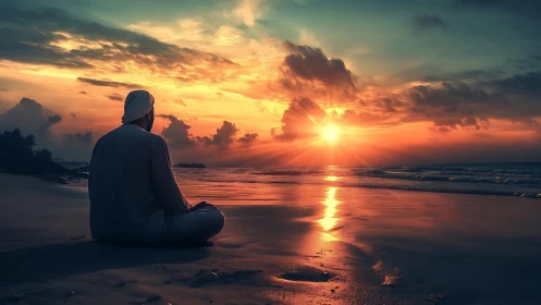 Solitary figure contemplates radiant ocean sunrise glow.