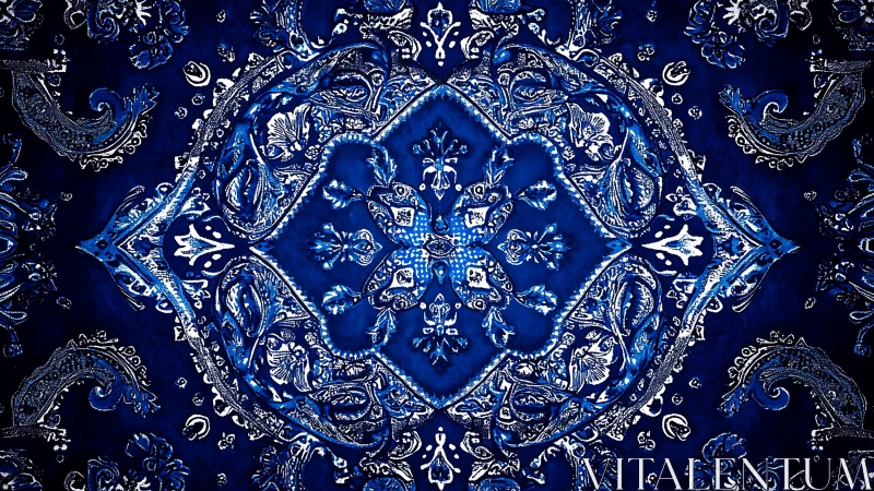 Symmetrical blue paisley textile pattern in radial layout.
