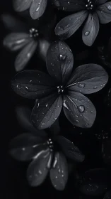 Dark Flowers with Water Droplets in Black and White.