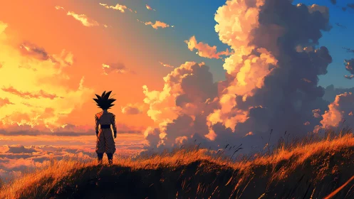 Anime warrior watching dramatic sunset cloud horizon.