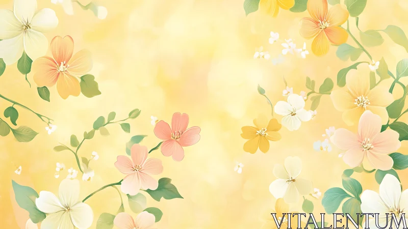 Soft blossoms drift like sunlit whispers across gold