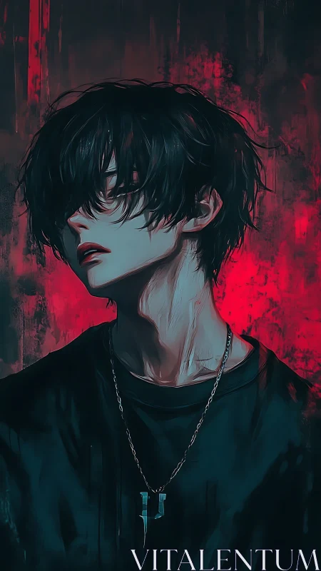 Brooding anime boy in red neon haze stares into distance.