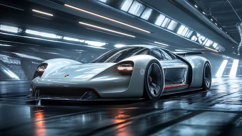 Futuristic electric hypercar rendered in a luminous tunnel environment