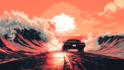 Sunset muscle car slices neon waves on a liquid highway.