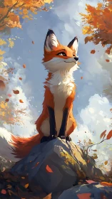 Bright autumn fox surveying a golden leaf filled forest.