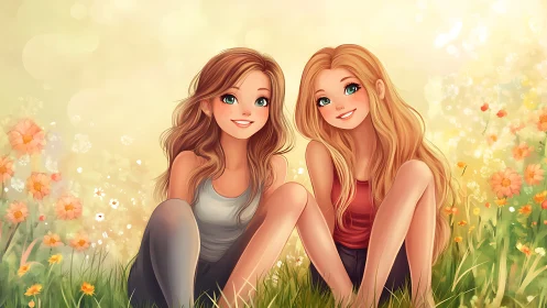 Two smiling girls in dreamy meadow, digital anime illustration.