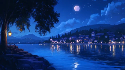 Moonlit lakeside town reflects glowing windows on water