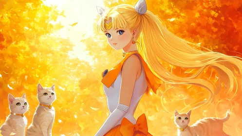 Golden haired magical girl with cats in glowing forest light.