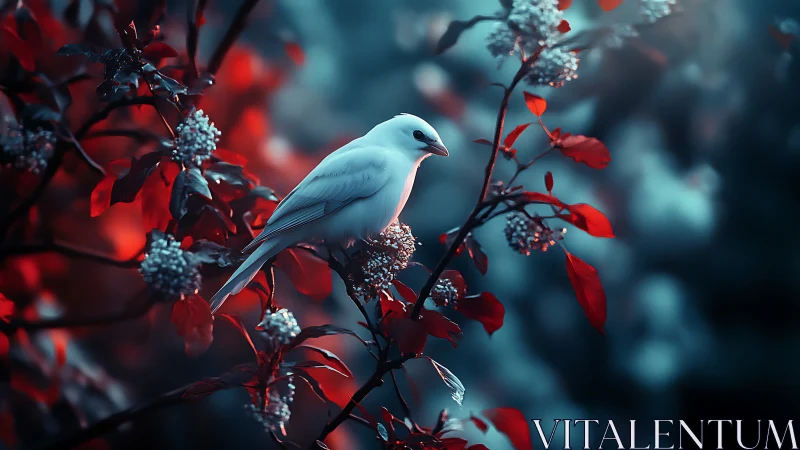 White bird perched on vibrant red foliage, dreamy fantasy style.