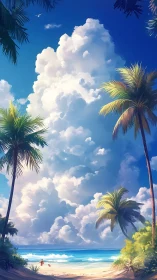 Tropical Beach Scene with Palm Trees and Cumulus Cloud Formation