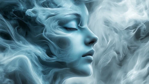 Ethereal female profile dissolves into swirling cyan vapors