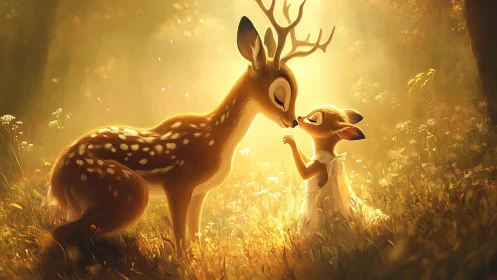 Deer and fawn in golden forest clearing with scattered vegetation