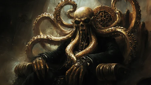 Mysterious tentacled ruler resting on a shadowy throne.