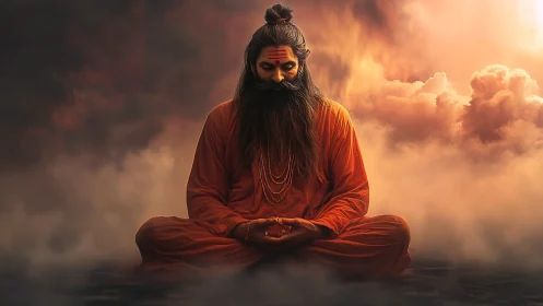 Serene yogi in fiery clouds radiates timeless inner peace